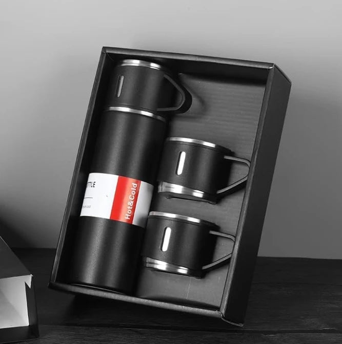 Kit Garrafa 500ML com 3 Xicaras Garrafa Termica Aço Inox Fosca Copo Termico