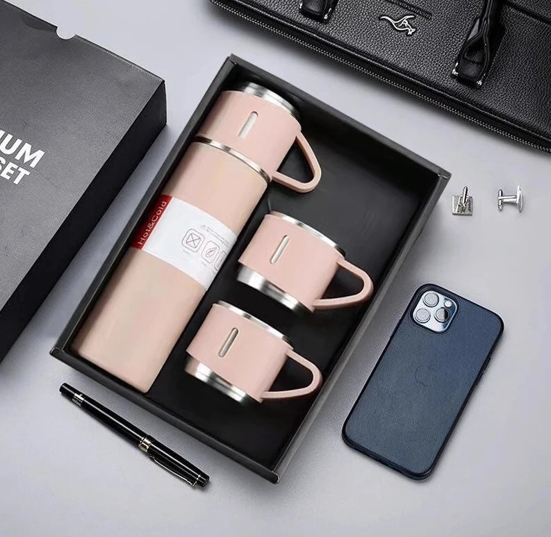 Kit Garrafa 500ML com 3 Xicaras Garrafa Termica Aço Inox Fosca Copo Termico