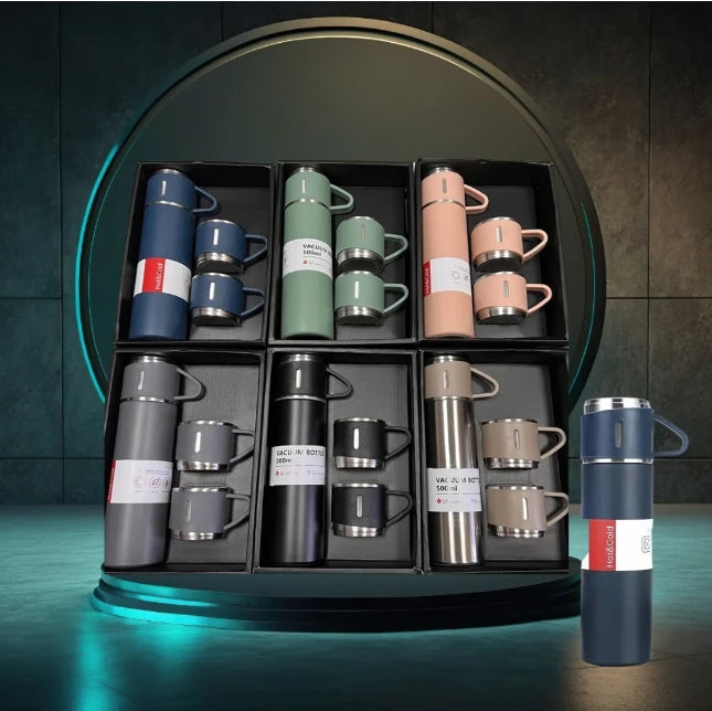 Kit Garrafa 500ML com 3 Xicaras Garrafa Termica Aço Inox Fosca Copo Termico