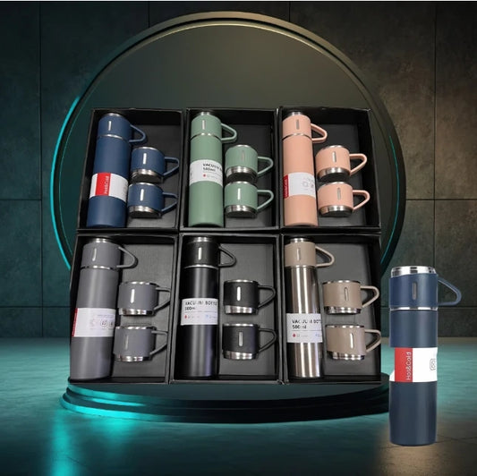 Kit Garrafa 500ML com 3 Xicaras Garrafa Termica Aço Inox Fosca Copo Termico